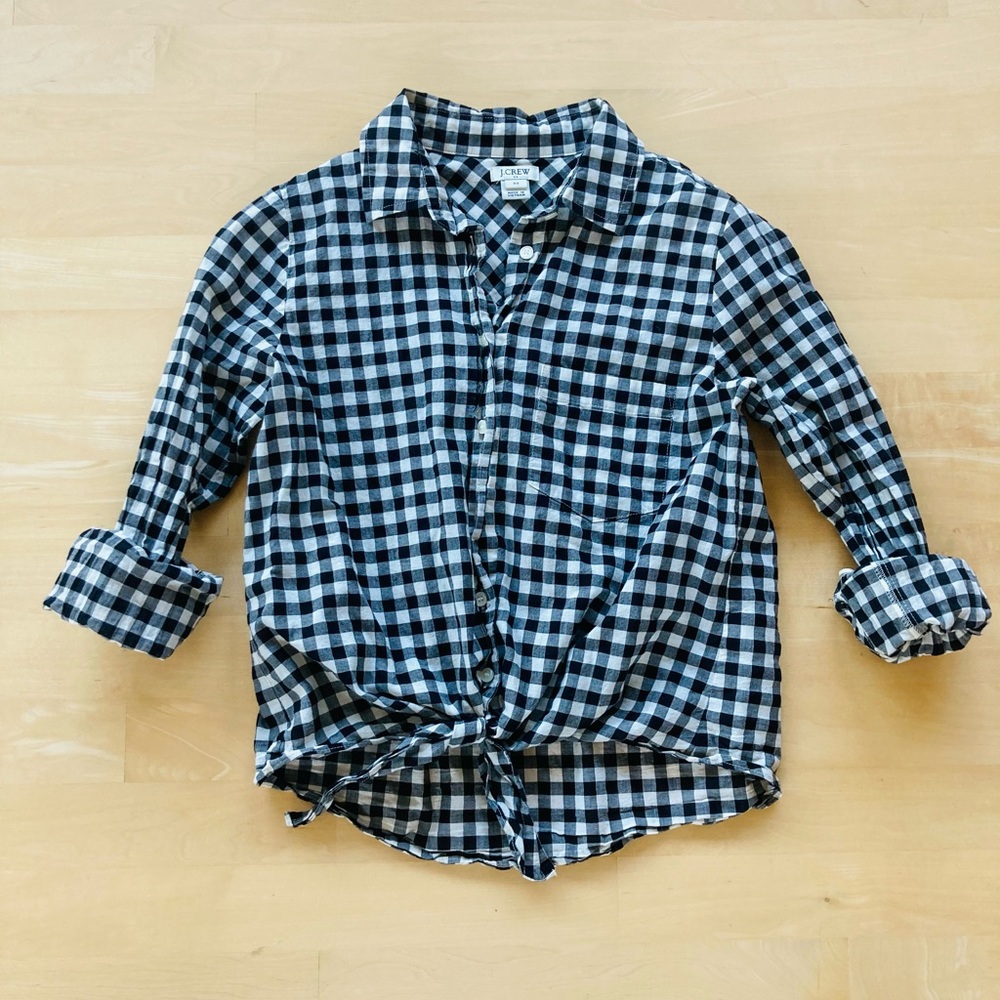 J. Crew Gingham Cropped Tie Shirt, XS